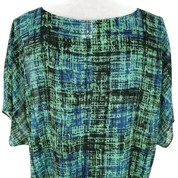 Cabi Top Womens Medium Green Blue Plaid Blouse Sheer Tank Liner attached - Picture 9 of 13